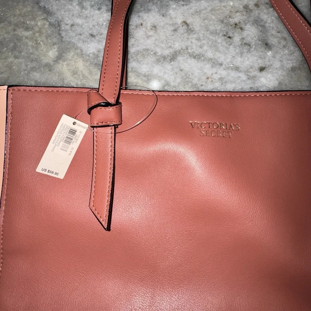 Victoria's Secret Bare Rose Peach Colorblock Faux Leather Large Cinch‎ Tote Bag
